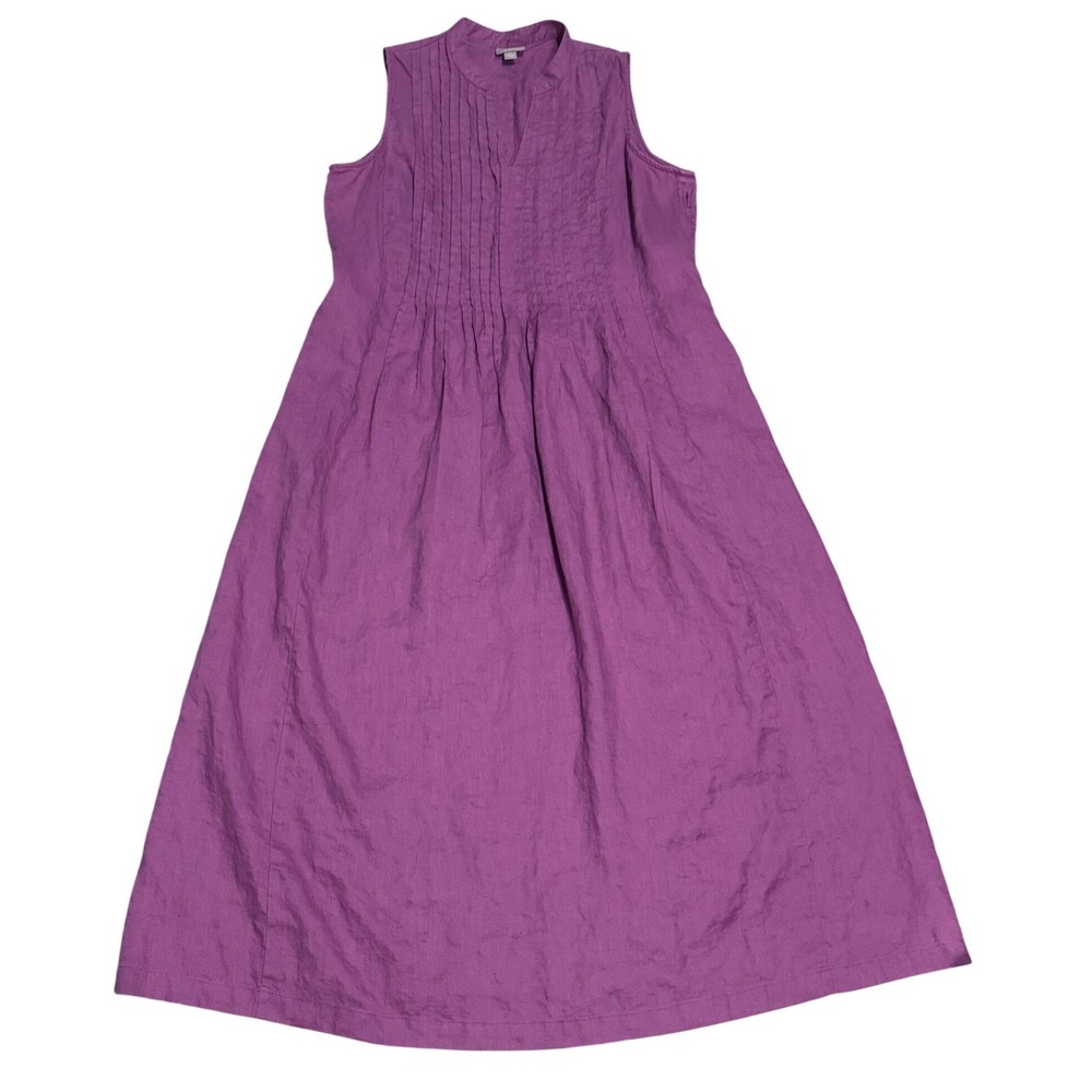 J. Jill Linen Maxi Dress Womens Medium Petite Purple Sleeveless Pintuck A-Line